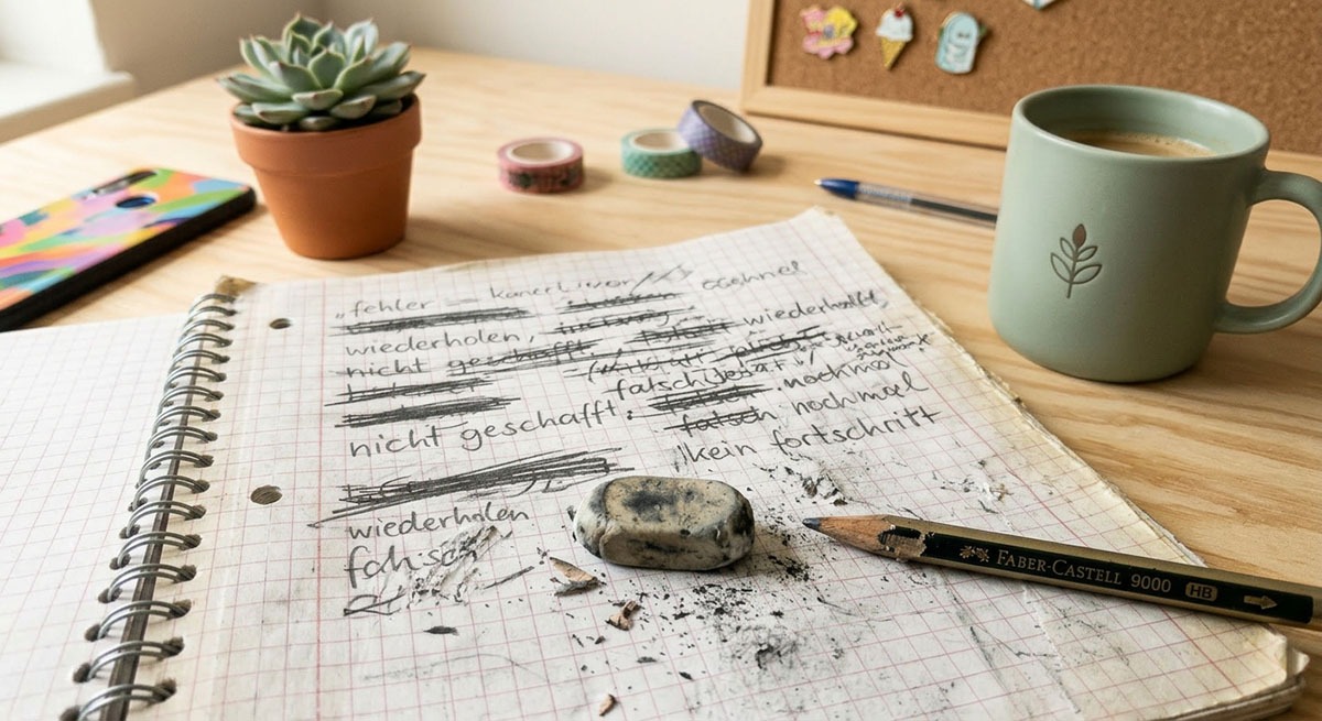 Heft mit fehlerhaften Worten und Radiergummi