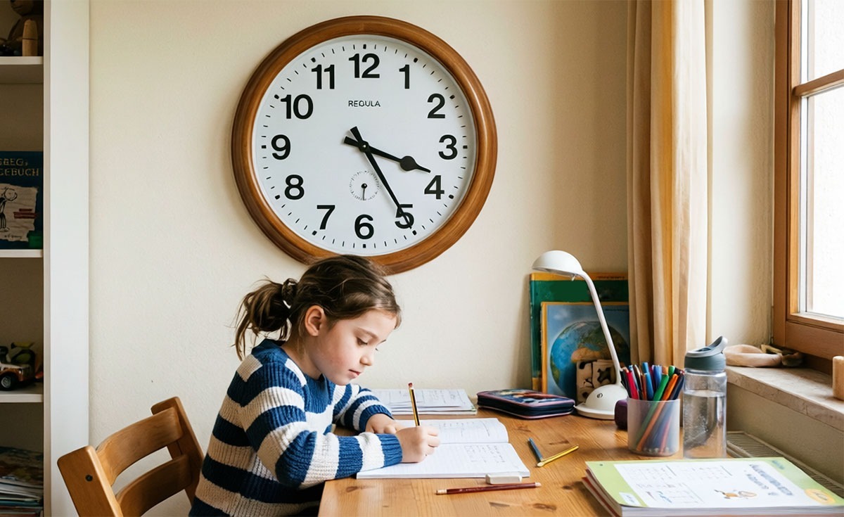 Mädchen sitzt über den Hausaufgaben