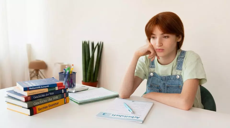 Ein Mädchen sitzt am Schreibtisch mit Büchern und Arbeitsheften und ist traurig